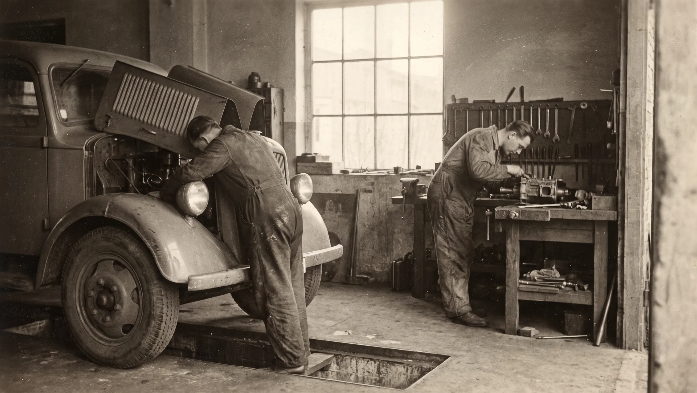 Zwei Mechaniker bauen in einer Backsteinwerkstatt einen Lastwagenmotor und ein Getriebe auf.