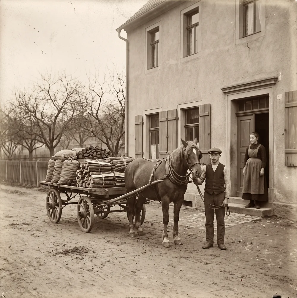 Ein Pferdewagen mit Brennholz und Briketts vor einem Dorfladen um 1900.