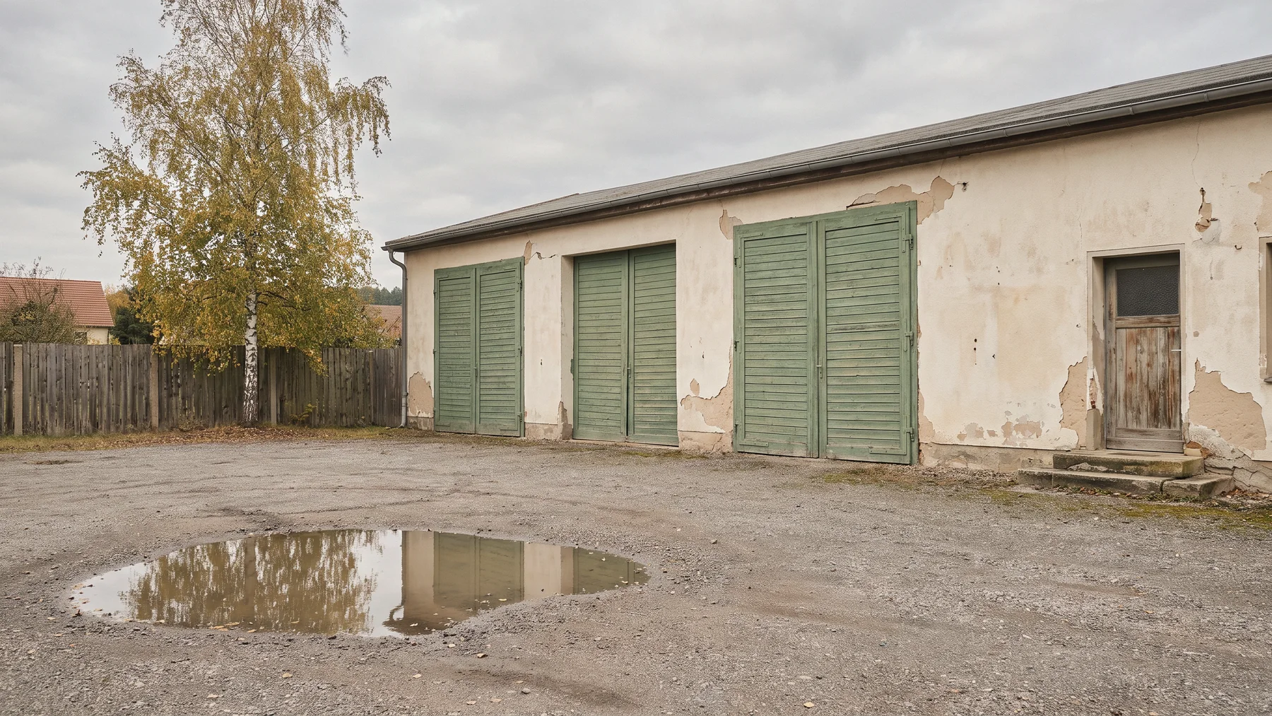Der leere Hof mit geschlossenen grünen Garagentoren.