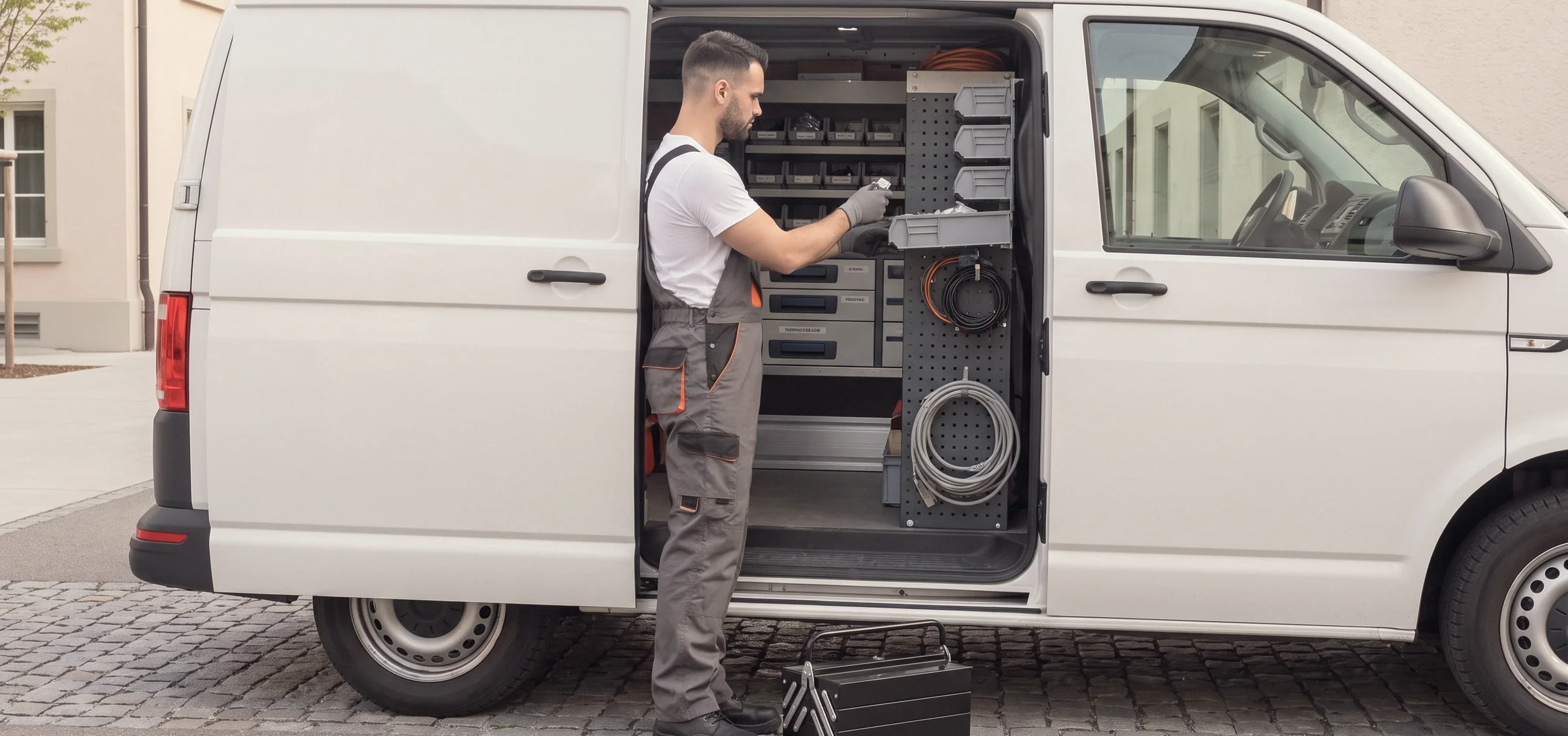 Ein Techniker nimmt ein Ersatzteil aus der Regalausstattung seines Servicefahrzeugs.