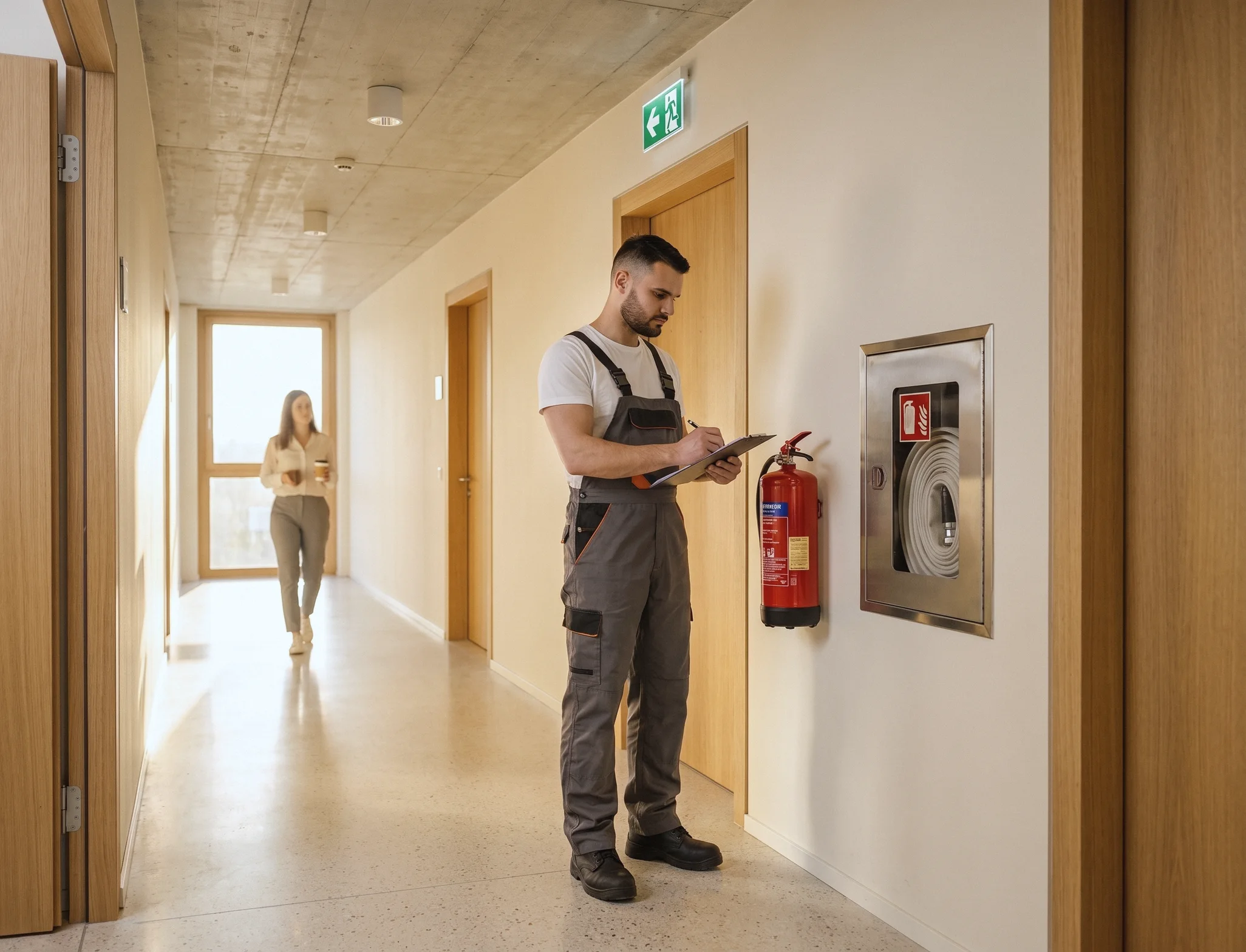 Techniker kontrolliert einen Feuerlöscher im Korridor eines Bürogebäudes