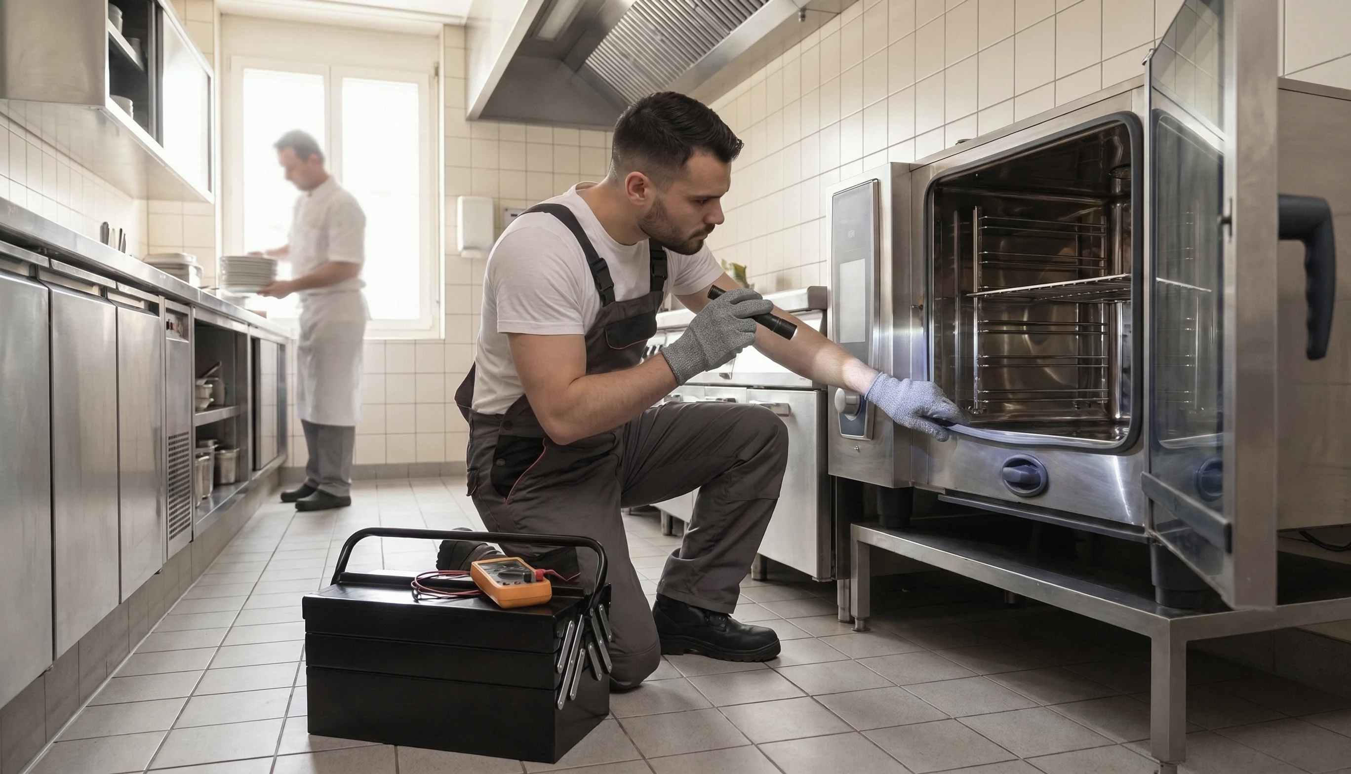Techniker prüft die Türdichtung eines Kombidämpfers in einer Restaurantküche